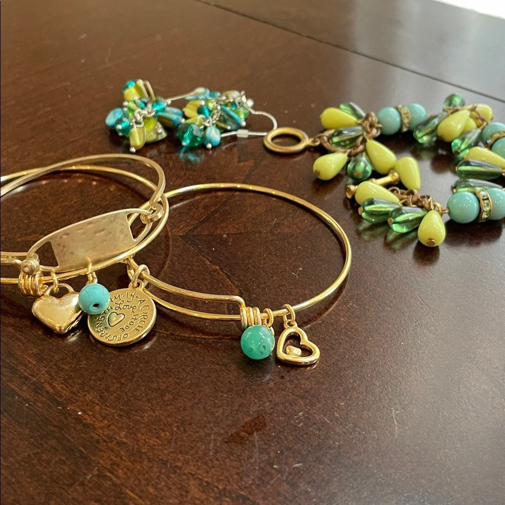 Gold Charm Bracelets and Green & Blue Beaded Jewelry Set